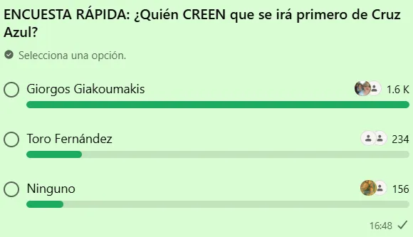 Encuesta sobre quién creen que causará la primera baja. (WhatsApp Vamos Azul)