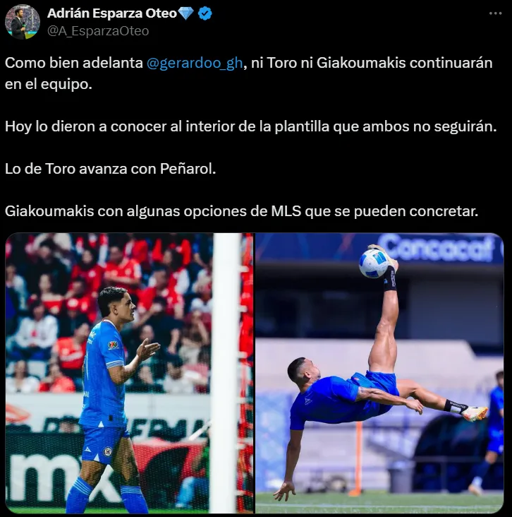 Toro Fernández y Giorgos Giakoumakis se van de Cruz Azul. (@A_EsparzaOteo)