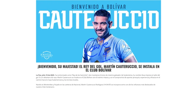 Así presentaron a Martín Cauteruccio en Bolivia. (web Club Bolívar)