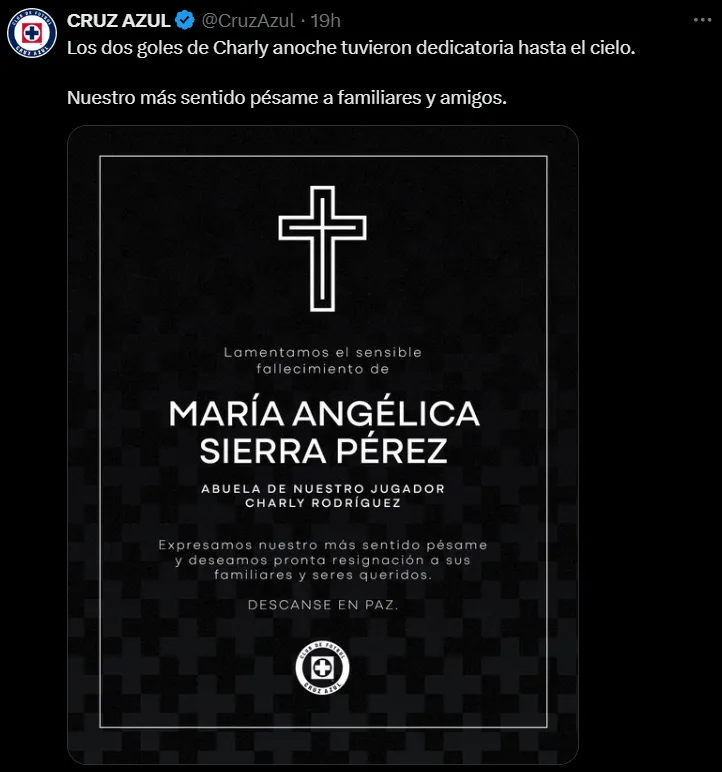 Cruz Azul homenajeó a la abuela de Charly Rodríguez. (@CruzAzul)