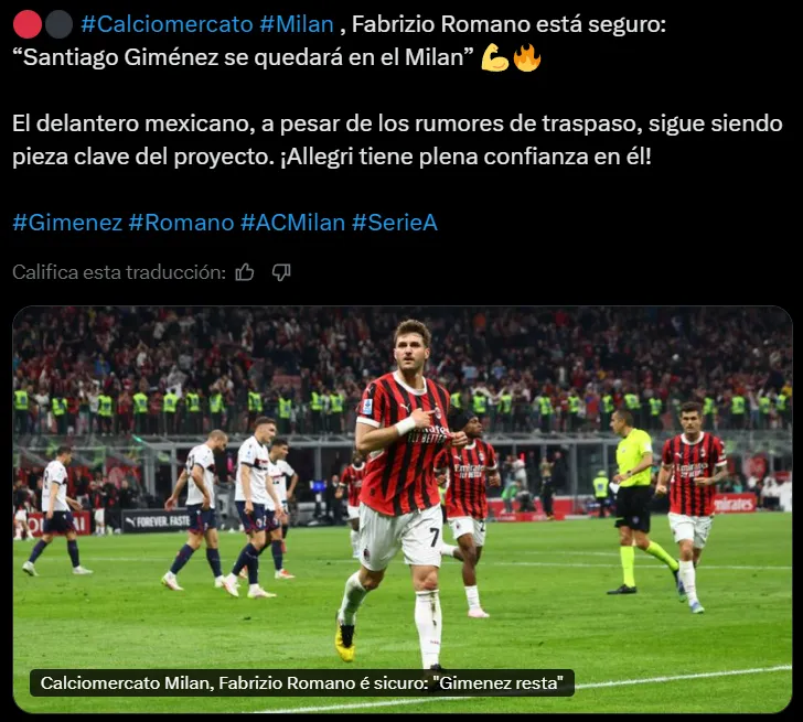 Fabrizio Romano deslizó que Santi Giménez se queda en Milan. (X)