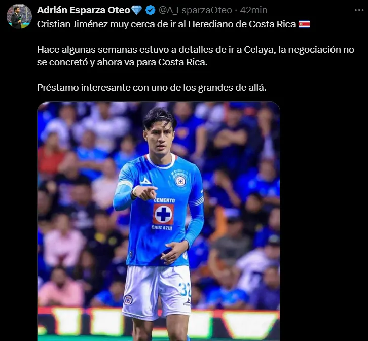 Adrián Esparza informa la baja de Cristian Jiménez de Cruz Azul. (@A_EsparzaOteo)