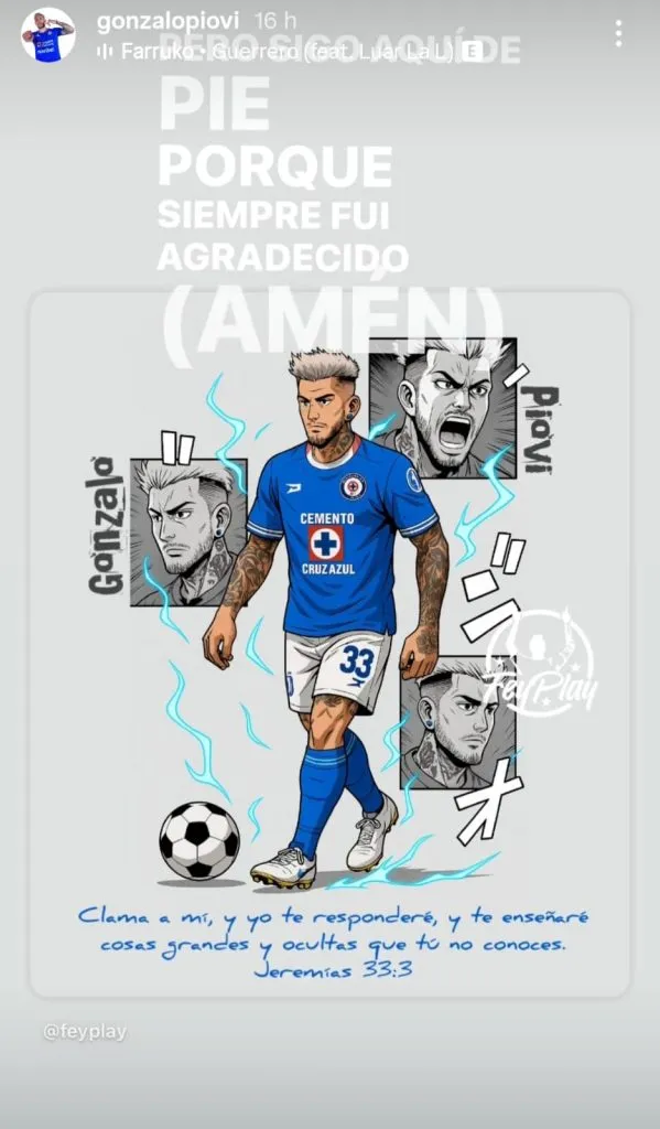 La última storie de Piovi con la camiseta de Cruz Azul. (@gonzalopiovi)