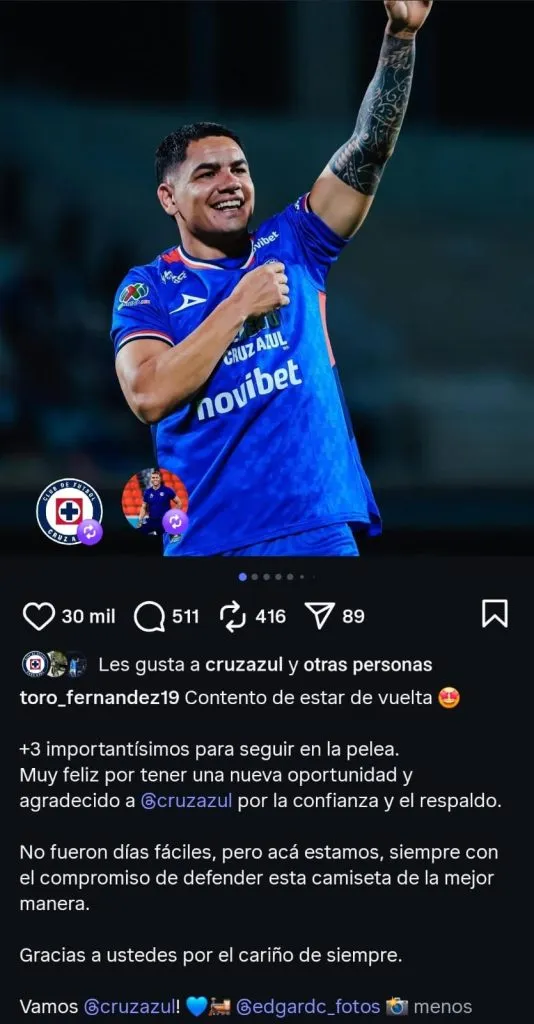 El posteo de Gabriel Fernández tras volver contra Santos. (@toro_fernandez19)