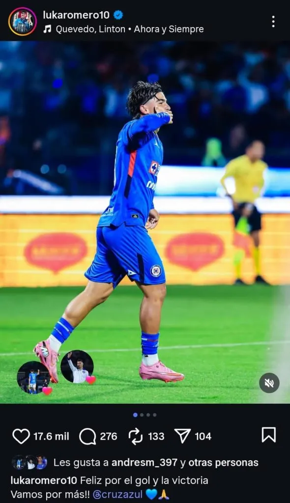 El posteo de Luka Romero tras anotarle a Toluca. (@lukaromero10)