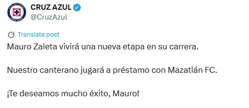 Tuit de Cruz Azul informando la salida de Zaleta