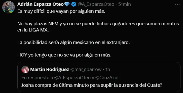 Adrián Esparza responde ante un posible fichaje de Cruz Azul. (@A_EsparzaOteo)