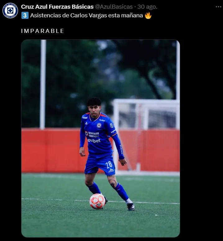 Carlos Vargas la rompió con la Sub 21: 3 asistencias. (@AzulBasicas)