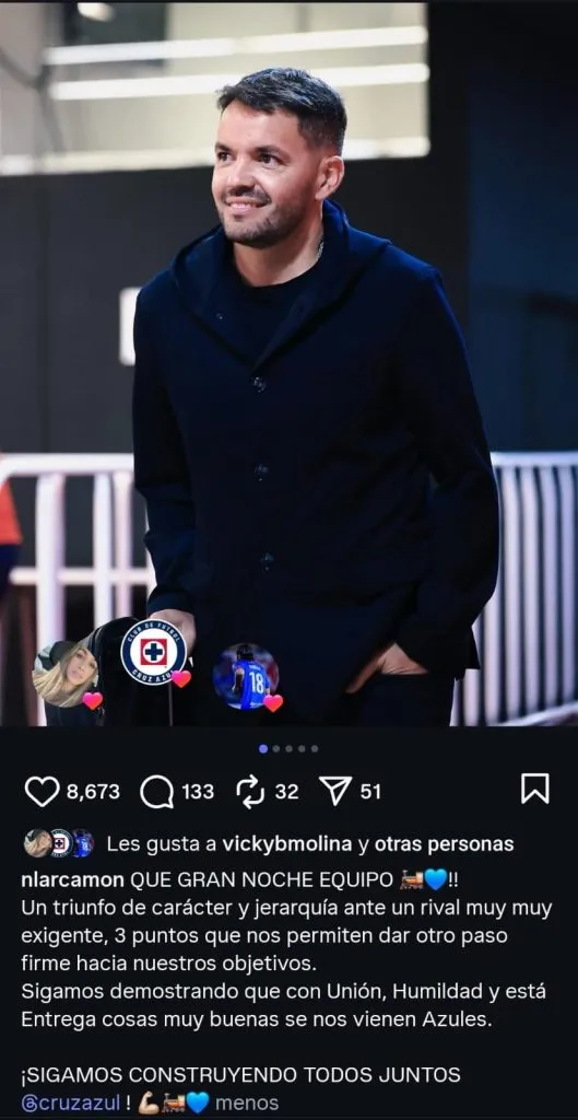 La publicación de Larcamón tras ganarle a Chivas con Cruz Azul. (@nlarcamon)