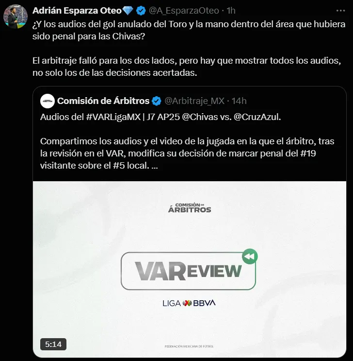 Publicación de Adrián Esparza por la omisión en los audios del VAR. (X)
