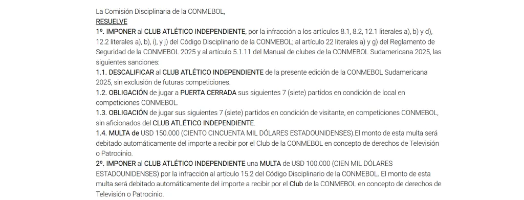 El fallo de Conmebol en respuesta a los incidentes en Avellaneda (Conmebol)