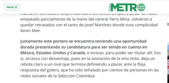 Así fue la reacción de los medios de Colombia al partido de Kevin Mier. (Publímetro)