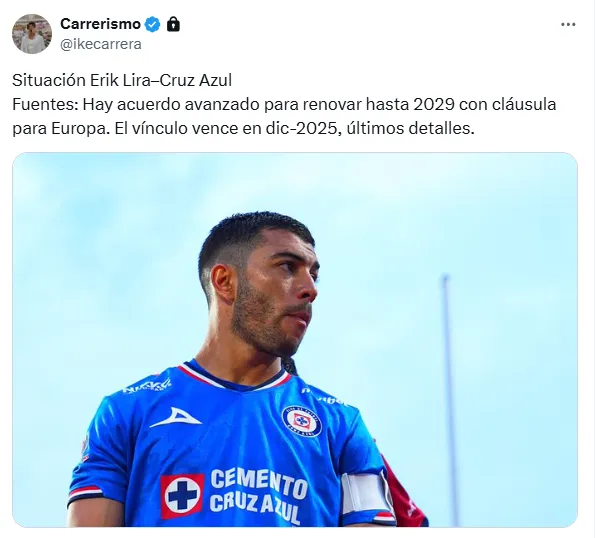 Erik Lira extendería su contrato con Cruz Azul hasta 2029. (X @ikecarrera)