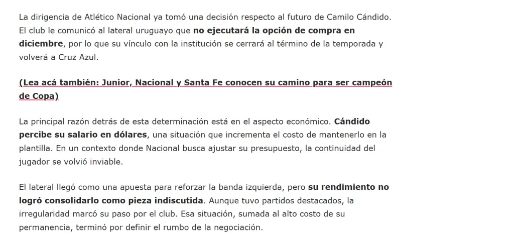Atlético Nacional no compraría el pase de Camilo Cándido. (ElDeportivo.com.co)