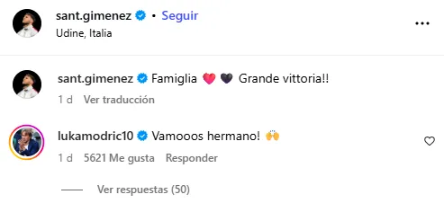 Comentario de Modric a Giménez en redes sociales