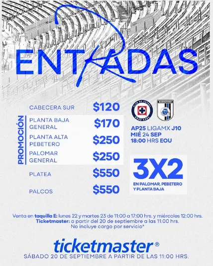 Precios de los boletos del Cruz Azul vs. Gallos (Cruz Azul X)