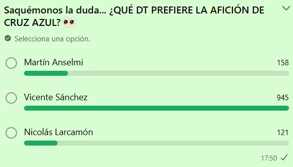 Encuesta de Vamos Azul en WhatsApp sobre el entrenador preferido.