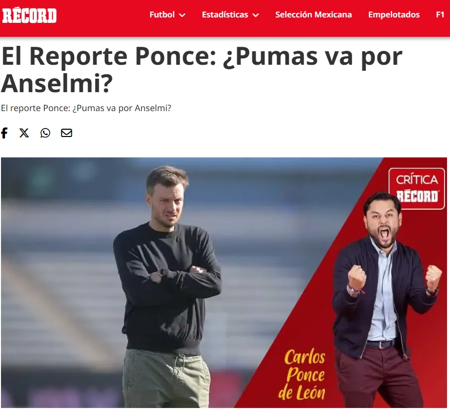 Según Récord, Anselmi es opción para Pumas UNAM.