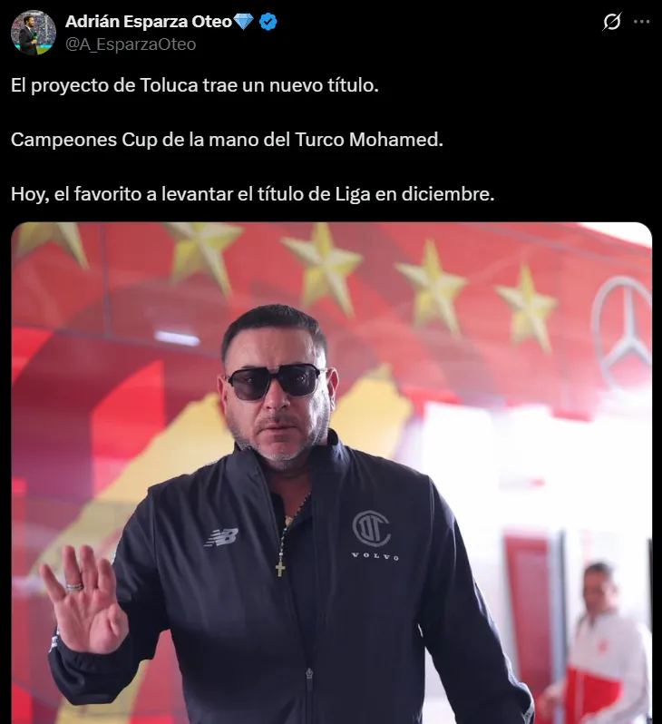 Adrián Esparza ve a Toluca como gran candidato al título. (@a_esparzaoteo)