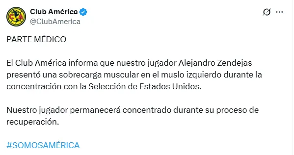 Desde Coapa señalaron que Alejandro Zendejas puede ser baja ante Cruz Azul. (@ClubAmerica)