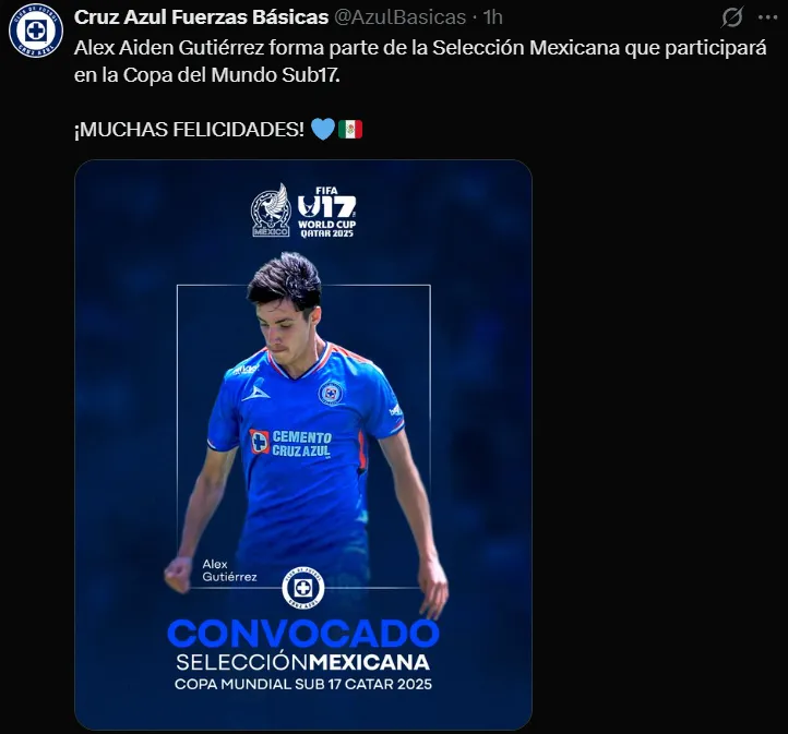 Cruz Azul anunció y felicitó a Alex Gutiérrez por la citación al Mundial Sub-17. (@AzulBasicas)