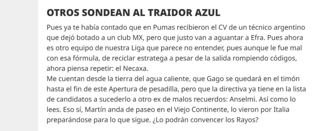 Martín Anselmi sería candidato de Necaxa para suceder a Fernando Gago. (Diario Récord)