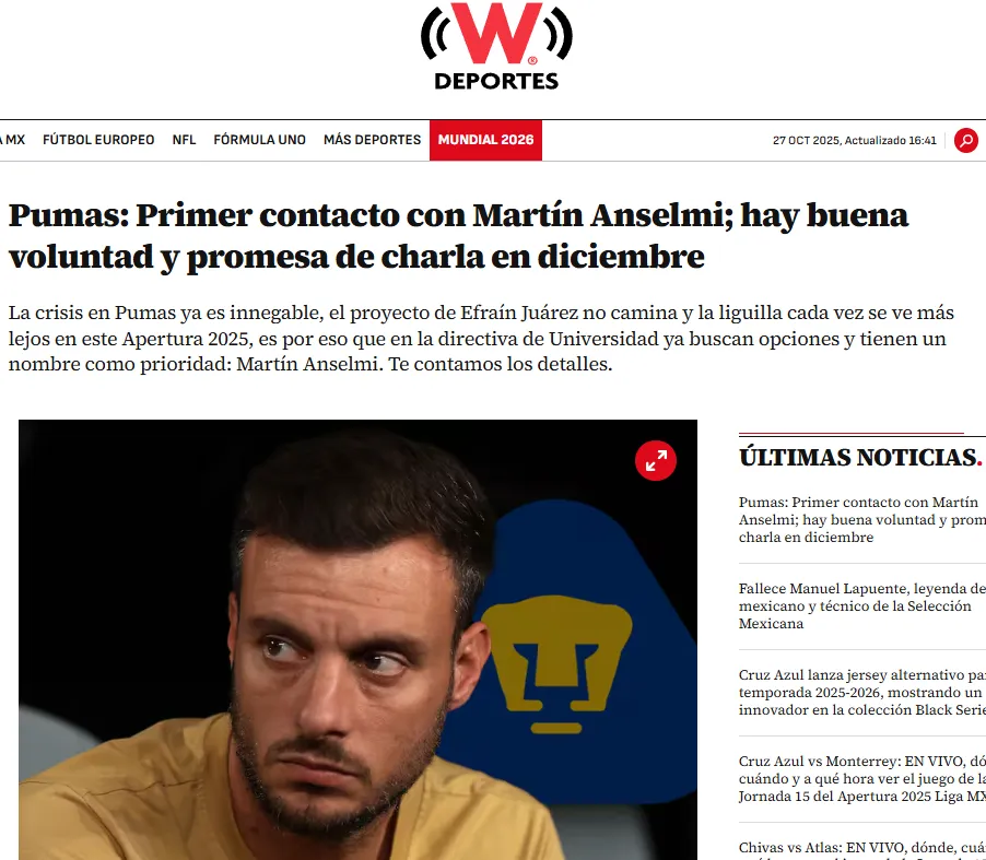 Anselmi le hace un guiño a Pumas UNAM. (Captura W Deportes)