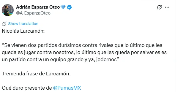Parte del mensaje de Larcamón (Adrián Esparza)