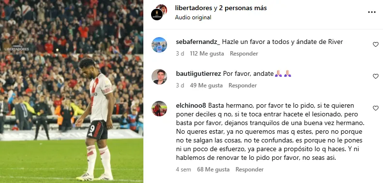 Comentarios en contra de Miguel Borja en IG