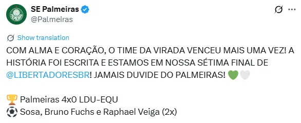 Palmeiras buscará otra Libertadores en su historia