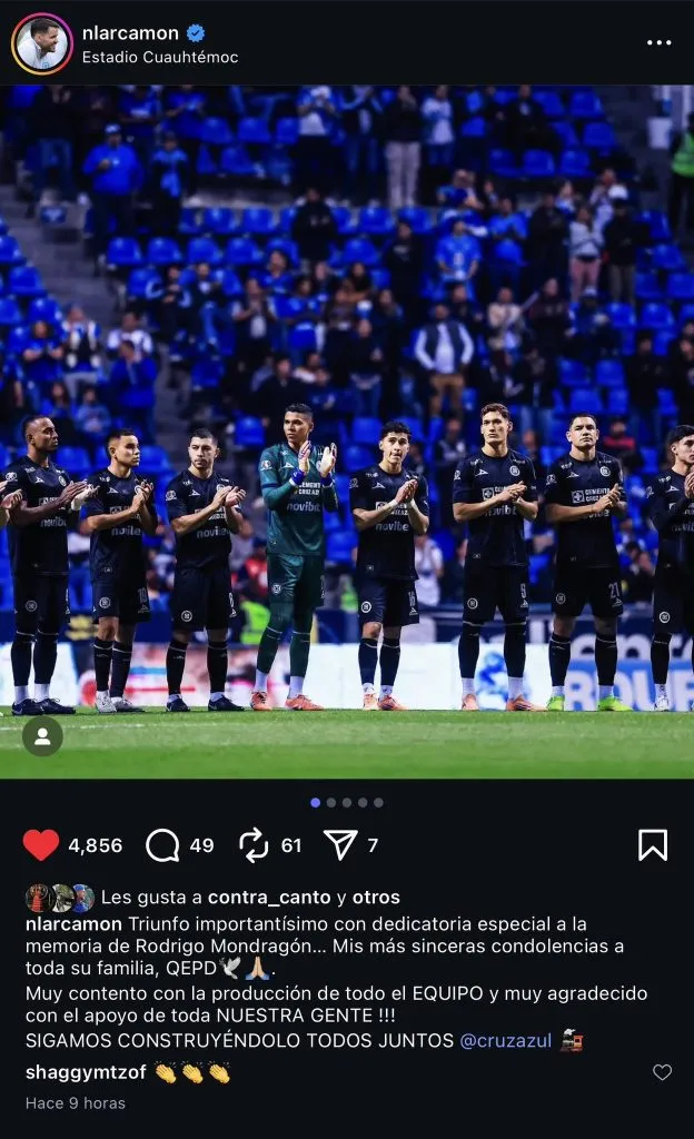 El posteo de Larcamón con dedicatoria a Rodrigo Mondragón. (@nlarcamon)