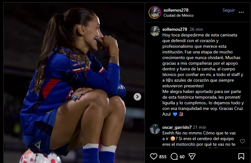 La despedida de Solange Lemos de Cruz Azul en Instagram.