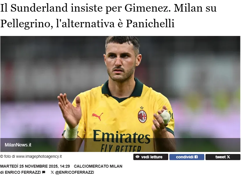 Santi Giménez podría marcharse al Sunderland. (milannews.it)