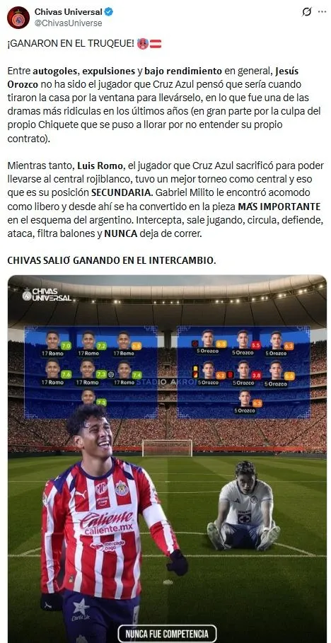 En Chivas aseguran que le ganaron a Cruz Azul con el trueque Orozco-Romo (X)