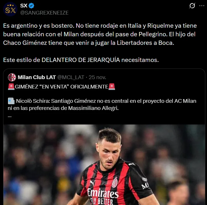 Santi Giménez es pedido en las redes sociales por afición de Boca Juniors. (@SANGREXENEIZE)