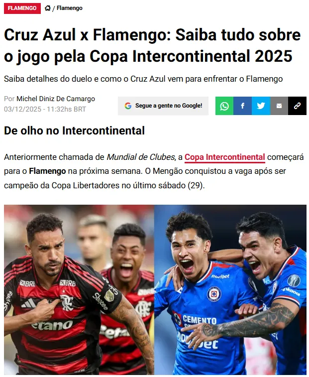 En Brasil respetan a Cruz Azul como rival de Flamengo. (Captura Bolavip Brasil)