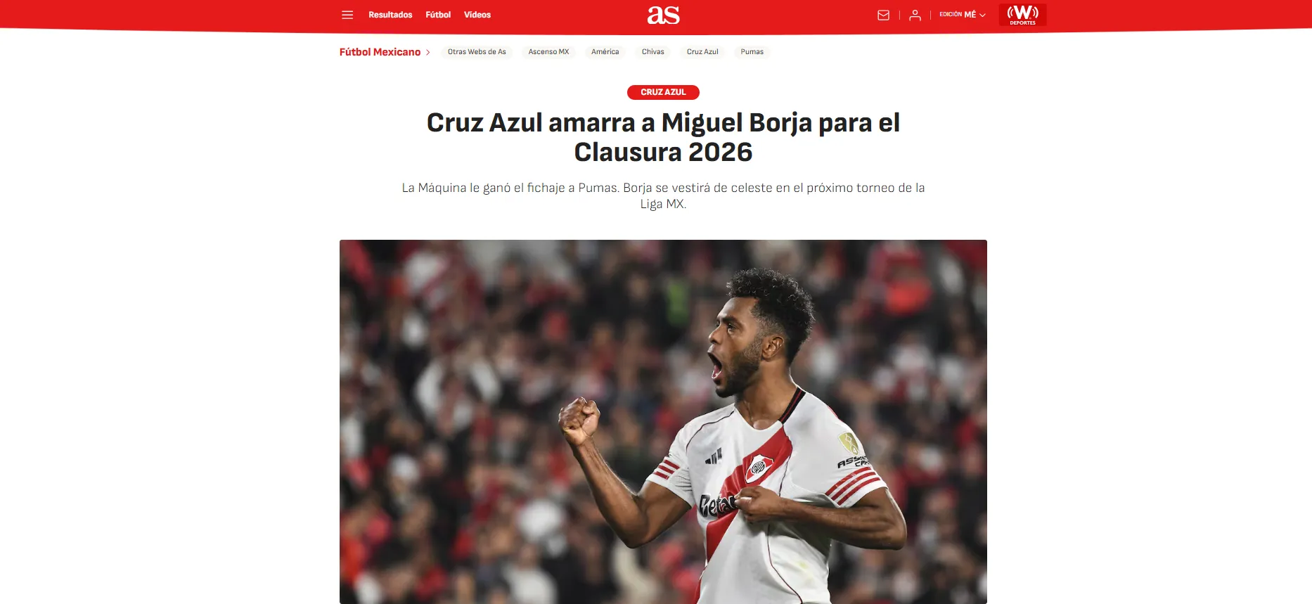 Desde AS México dieron por confirmada una llegada de Miguel Borja a Cruz Azul (Diario AS)