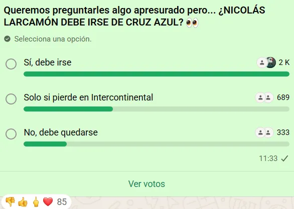 Encuesta Vamos Azul sobre el futuro de Nicolás Larcamón. (Whatsapp Vamos Azul)