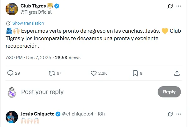 Mensaje de Tigres al Chiquete en X
