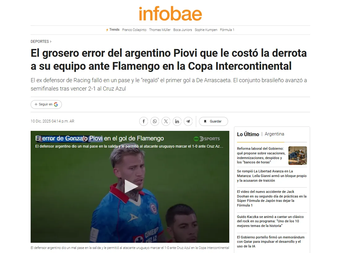 Así fue la reacción de los medios de Argentina al error de Gonzalo Piovi. (Infobae)