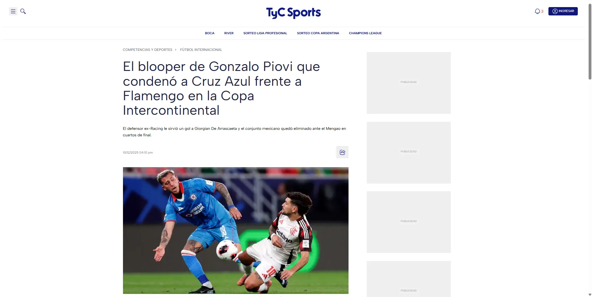 Así fue la reacción de los medios de Argentina al error de Gonzalo Piovi. (TyC Sports)