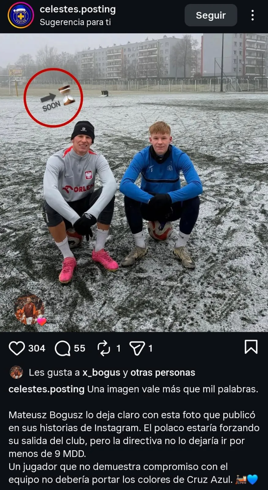 Bogusz le dio “like” a un post que habla sobre su deseo de salir de Cruz Azul. (@celestes.posting)