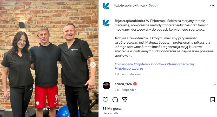 Publicación en IG del centro de fisioterapia polaco