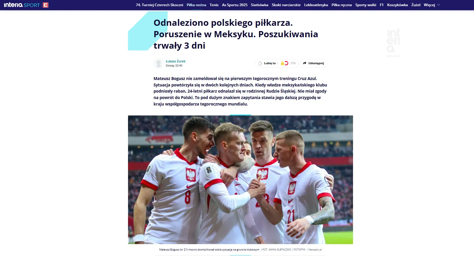 Así reaccionaron los medios de Polonia al caso Bogusz en Cruz Azul. (Interia Sport)