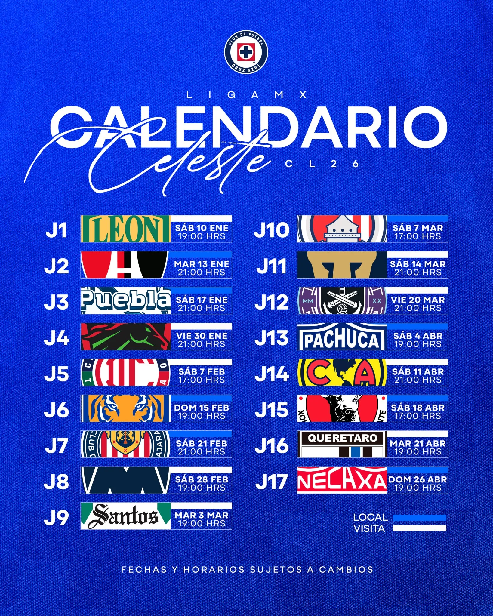 Calendario de Cruz Azul para el Clausura 2026. (@CruzAzul)