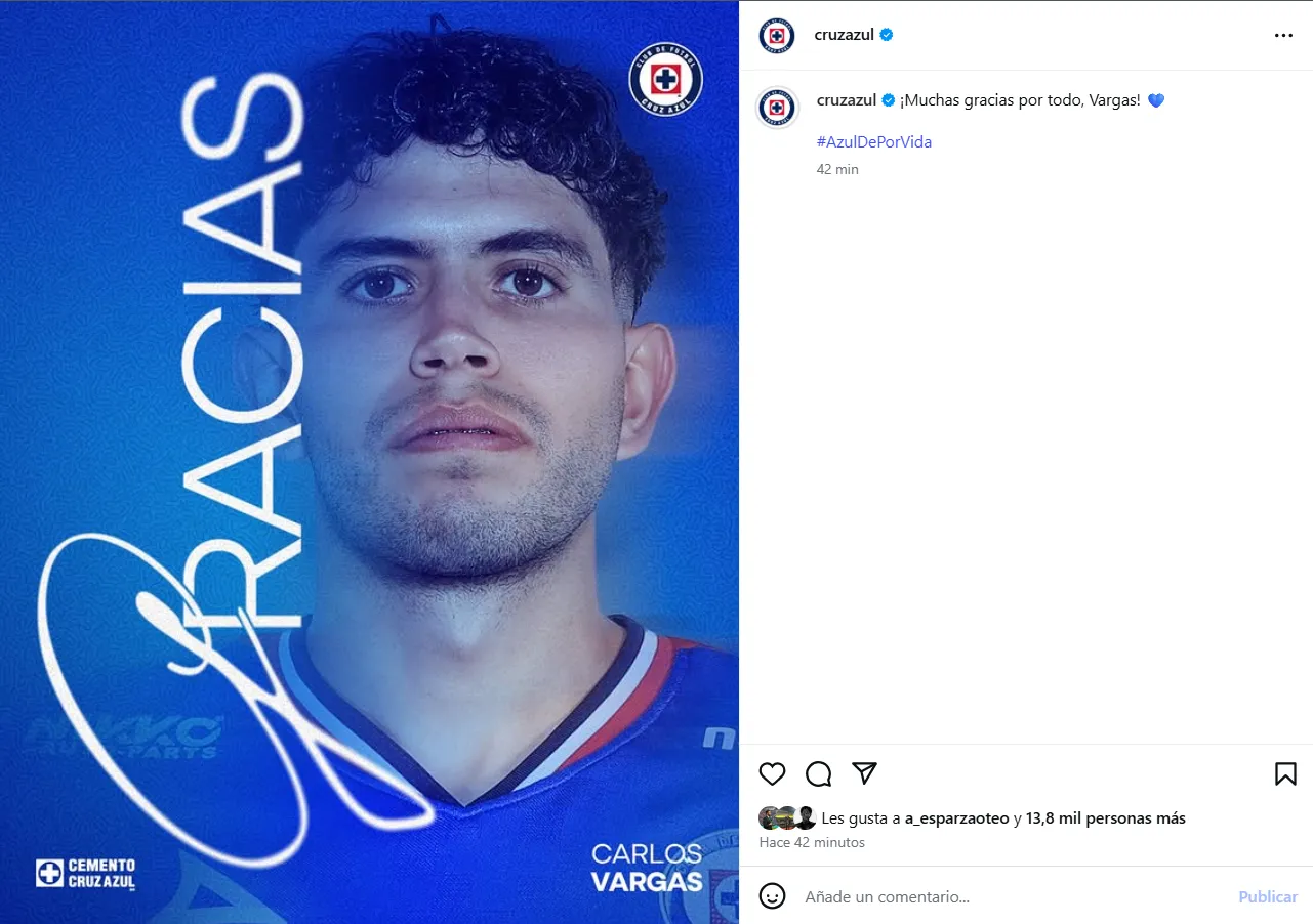 La escueta despedida de Cruz Azul a Carlos Vargas: tan solo 5 palabras. (Instagram)