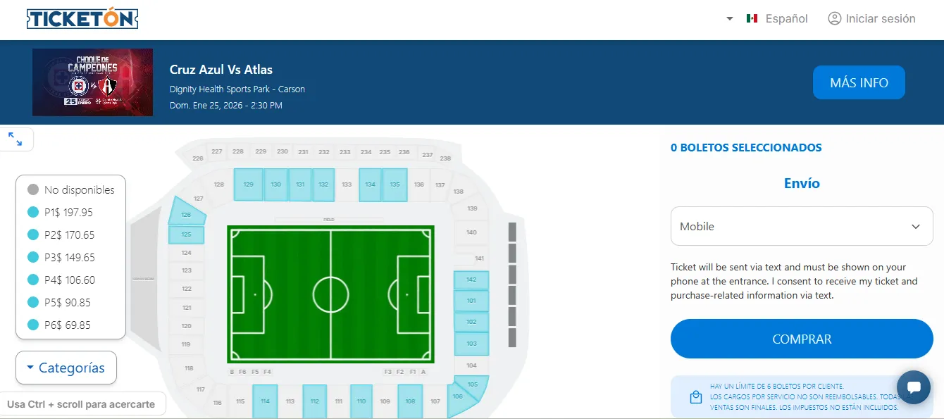 Plataforma de compra de entradas Cruz Azul vs Atlas