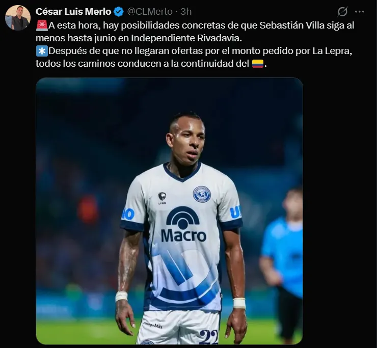 César Merlo da a Sebastián Villa continuando en Independiente Rivadavia. (@CLMerlo)