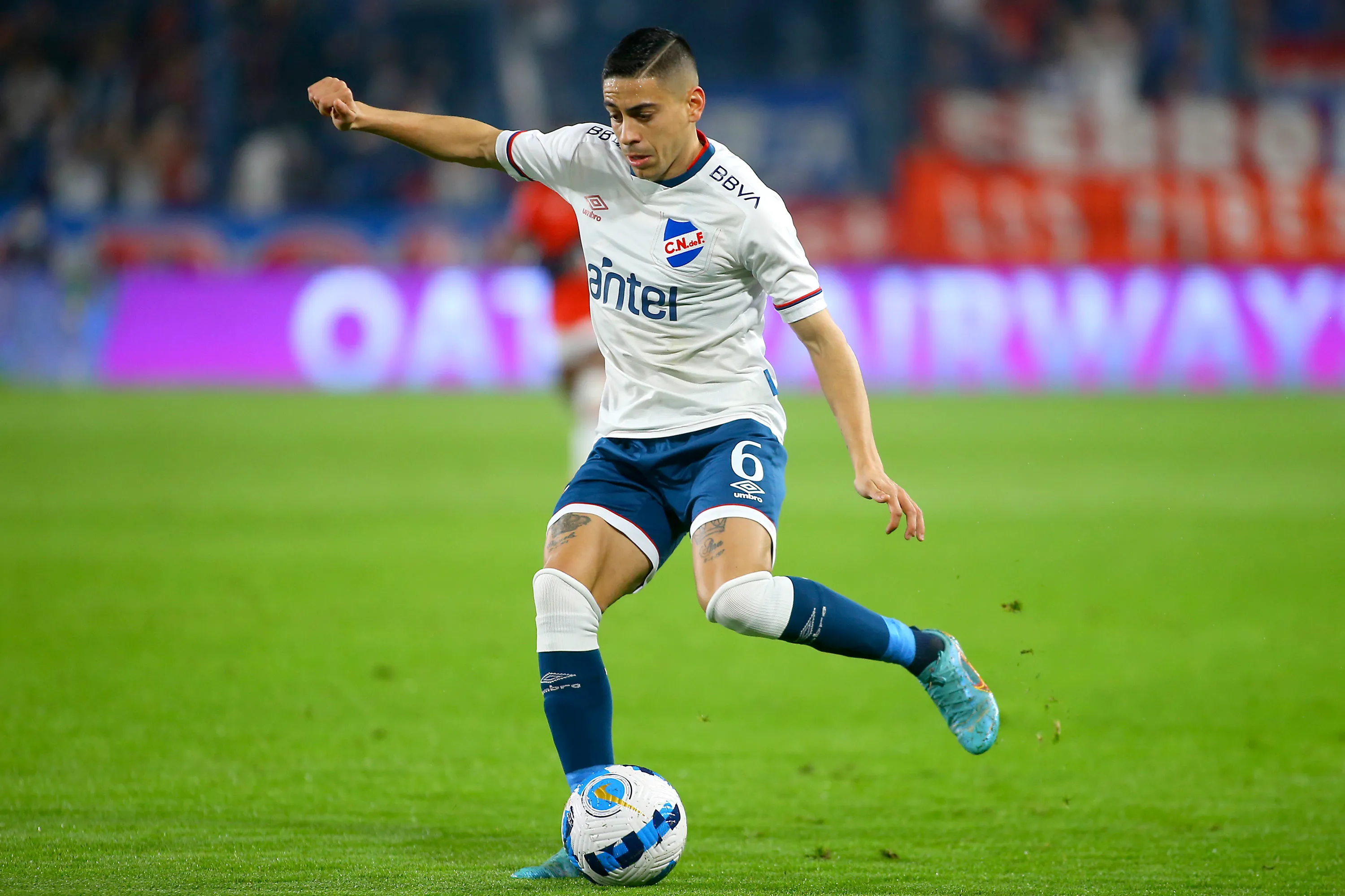 MONTEVIDEO, URUGUAY – AUGUST 02: Camilo Cándido of Nacional kicks the ball during a Copa Sudamericana quarter final first leg match between Nacional and Atletico Goianiense at Gran Parque Central on August 02, 2022 in Montevideo, Uruguay. (Photo by Ernesto Ryan/Getty Images)