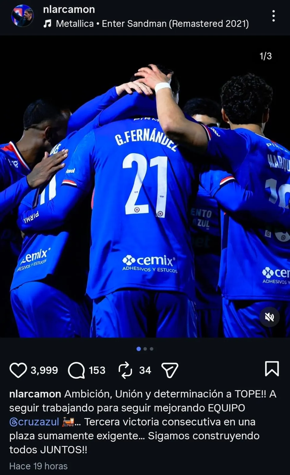 La publicación de Larcamón tras vencer a FC Juárez. (@nlarcamon)